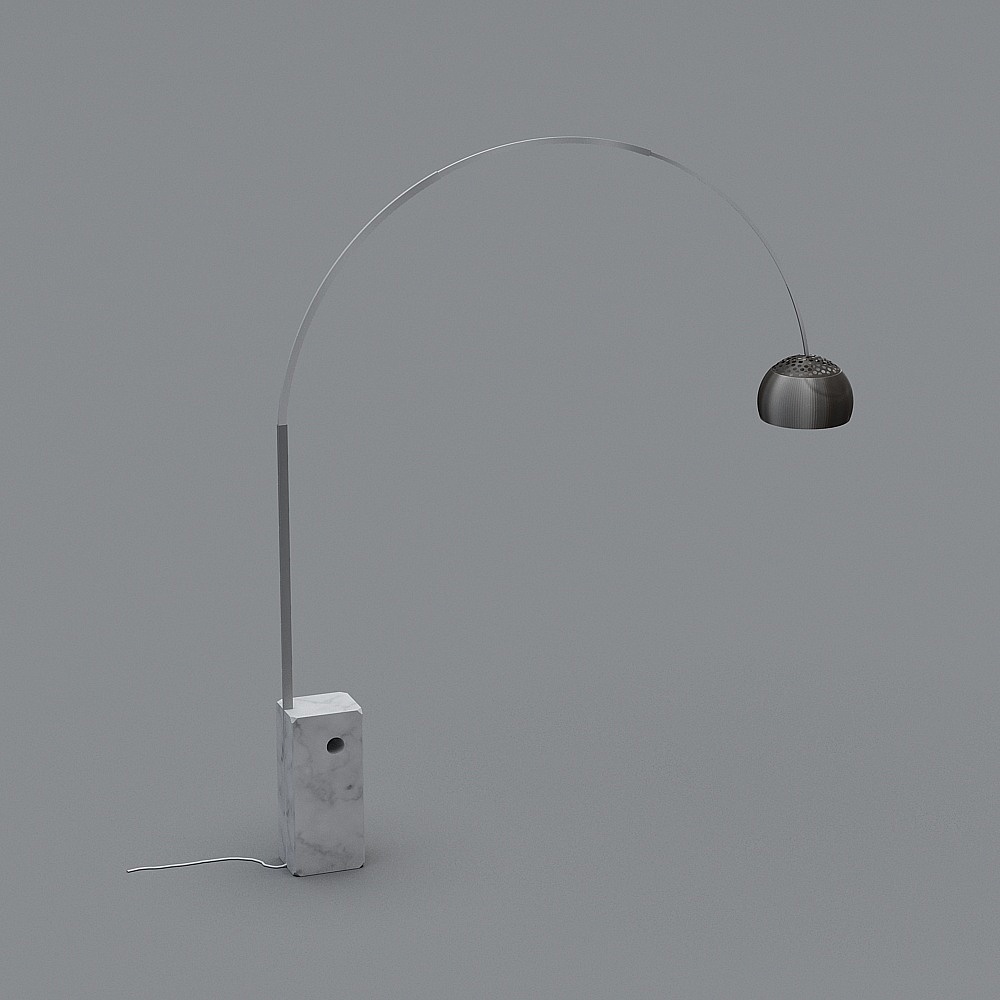 Modern arc floor lamp with white marble base and silver metal shade on grey background