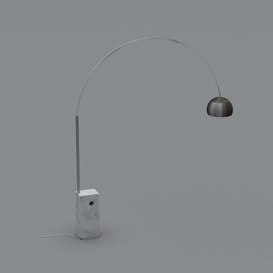 Modern arc floor lamp with white marble base and silver metal shade on grey background