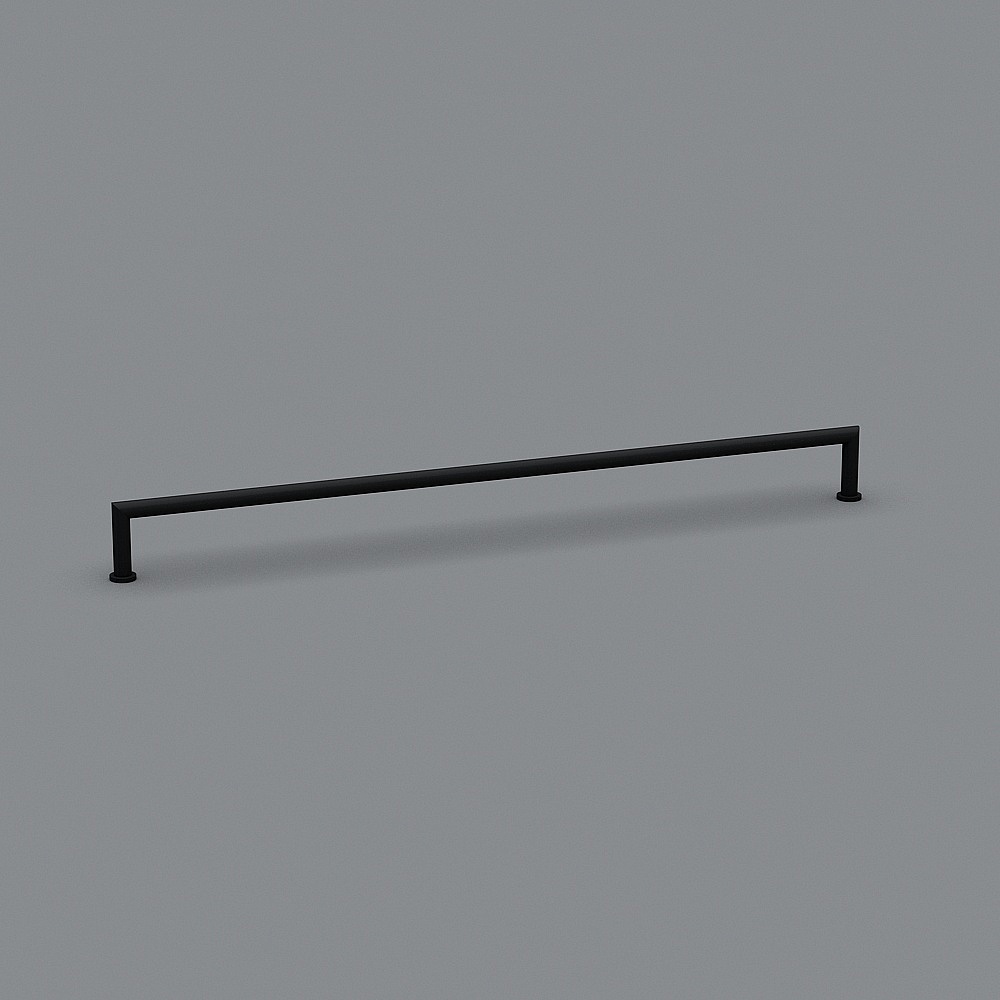 Modern black metal long straight cabinet handle with matte finish on grey background