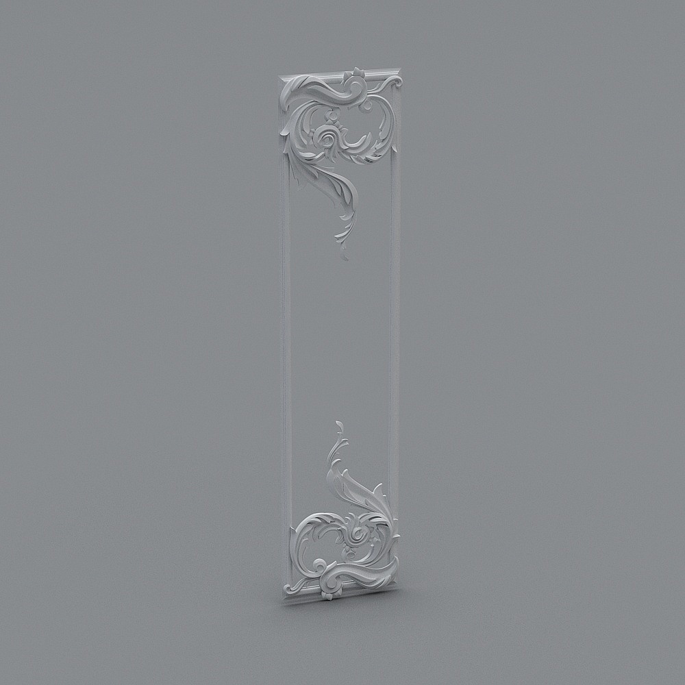 White decorative wall panel with ornate floral carvings on grey background