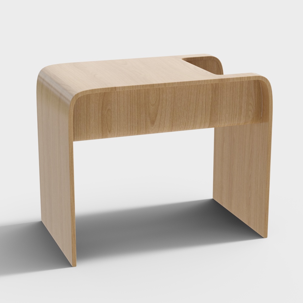 Modern light wood side table with curved design and small storage slot on white background