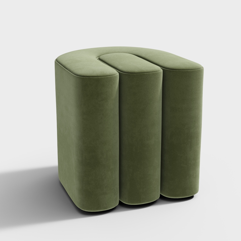 Green Velvet Ottoman 3D Model – Modern Curved Design