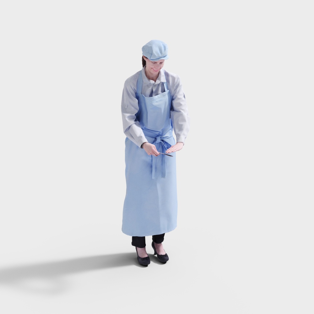 Woman wearing light blue apron and hat with white shirt holding tool on grey background