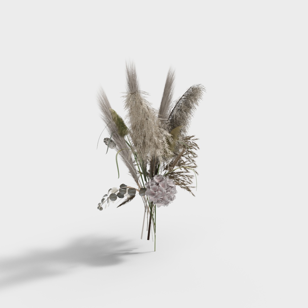 Dried flower bouquet with beige grass and grey leaves on white background