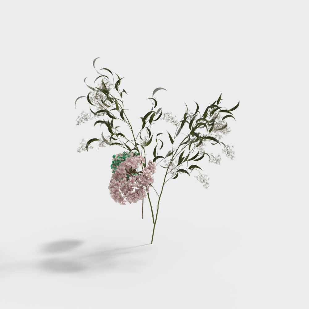 Dried pink hydrangea flower with green leaves and white filler on light grey background