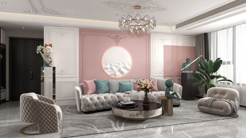 Elegant Living Room with Tufted Sofa and Pink Accents
