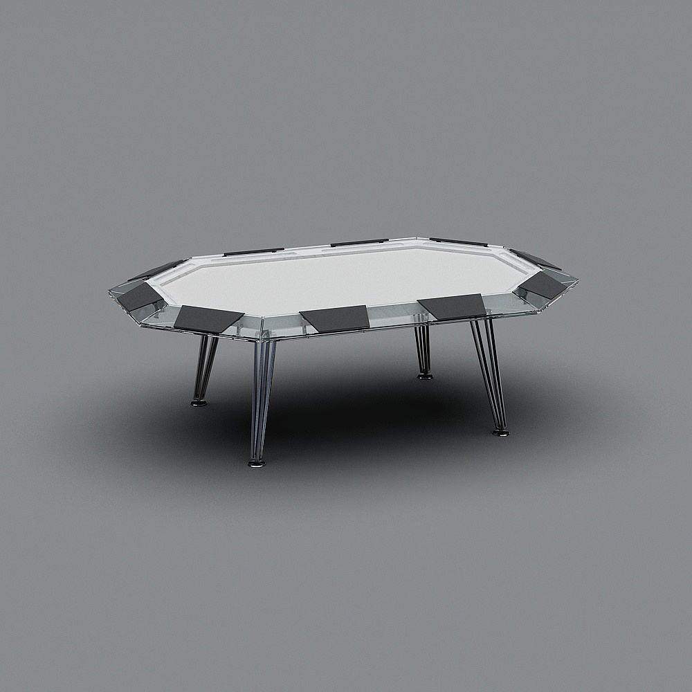 Modern glass coffee table with black accents and chrome legs on grey background
