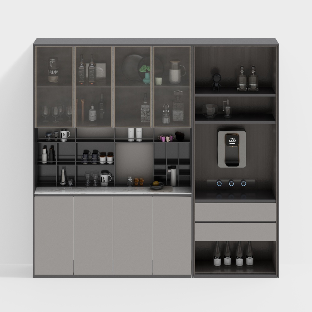 Gray Wooden Wine Cabinet 3D Model