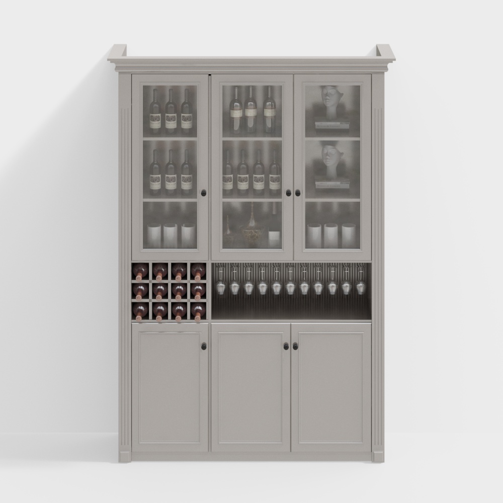 Grey wooden wine cabinet with glass doors and bottle storage on white background