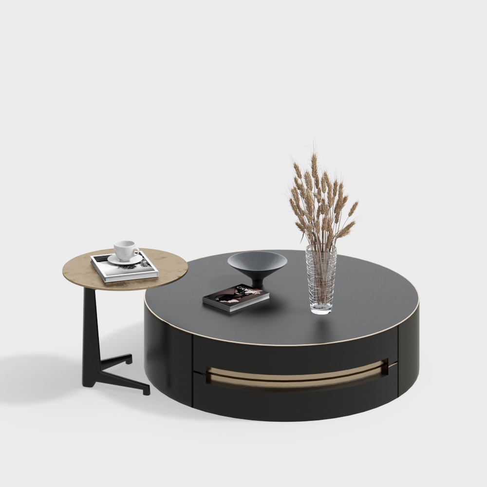 Modern Round Table and Side Table 3D Model – Black & Gold Design