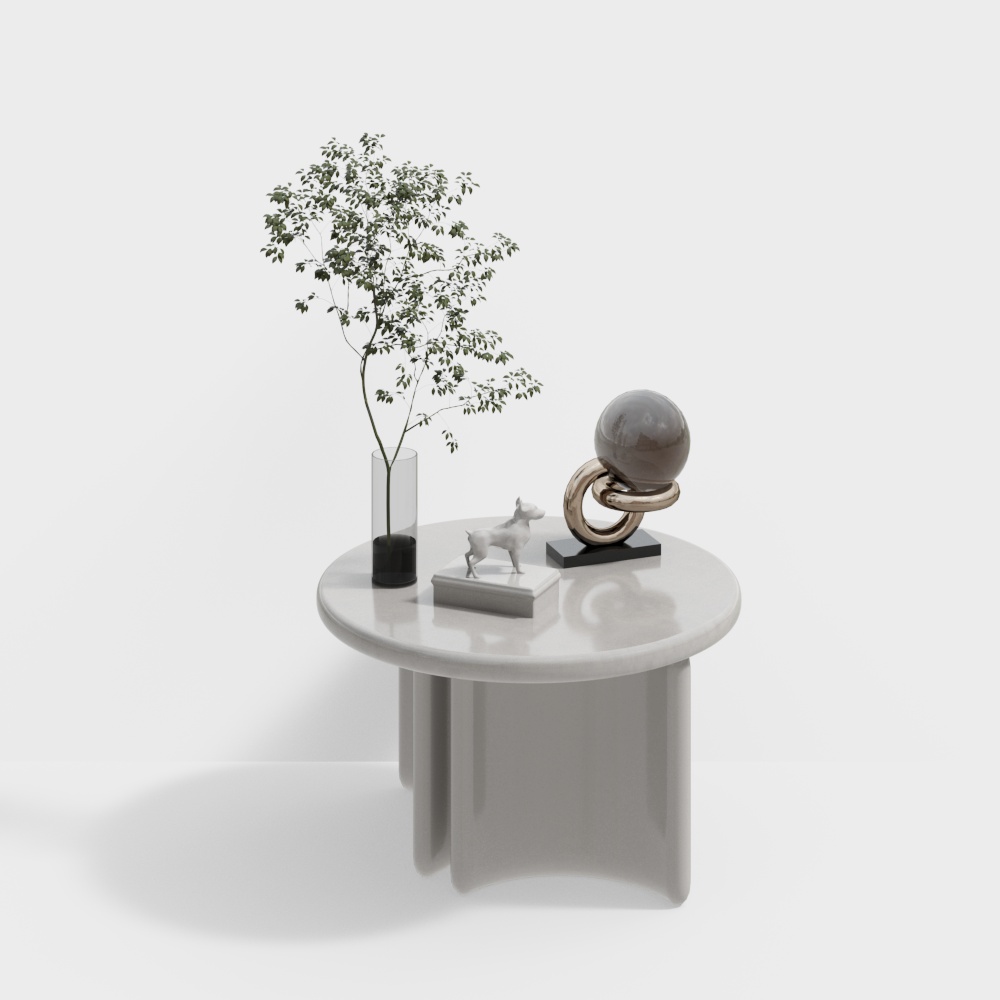 Modern round white side table with marble top and decor on light grey background
