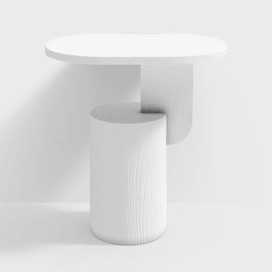 Modern white wooden side table with round top and cylinder base on light grey background
