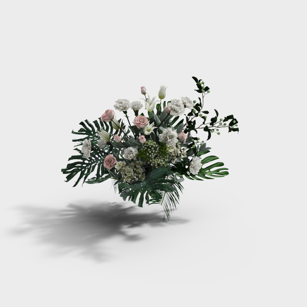 Modern mixed flower bouquet with pink roses and green leaves on white background