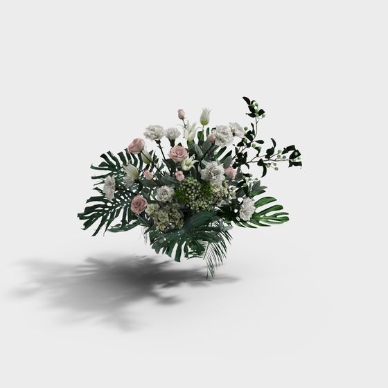 Modern mixed flower bouquet with pink roses and green leaves on white background