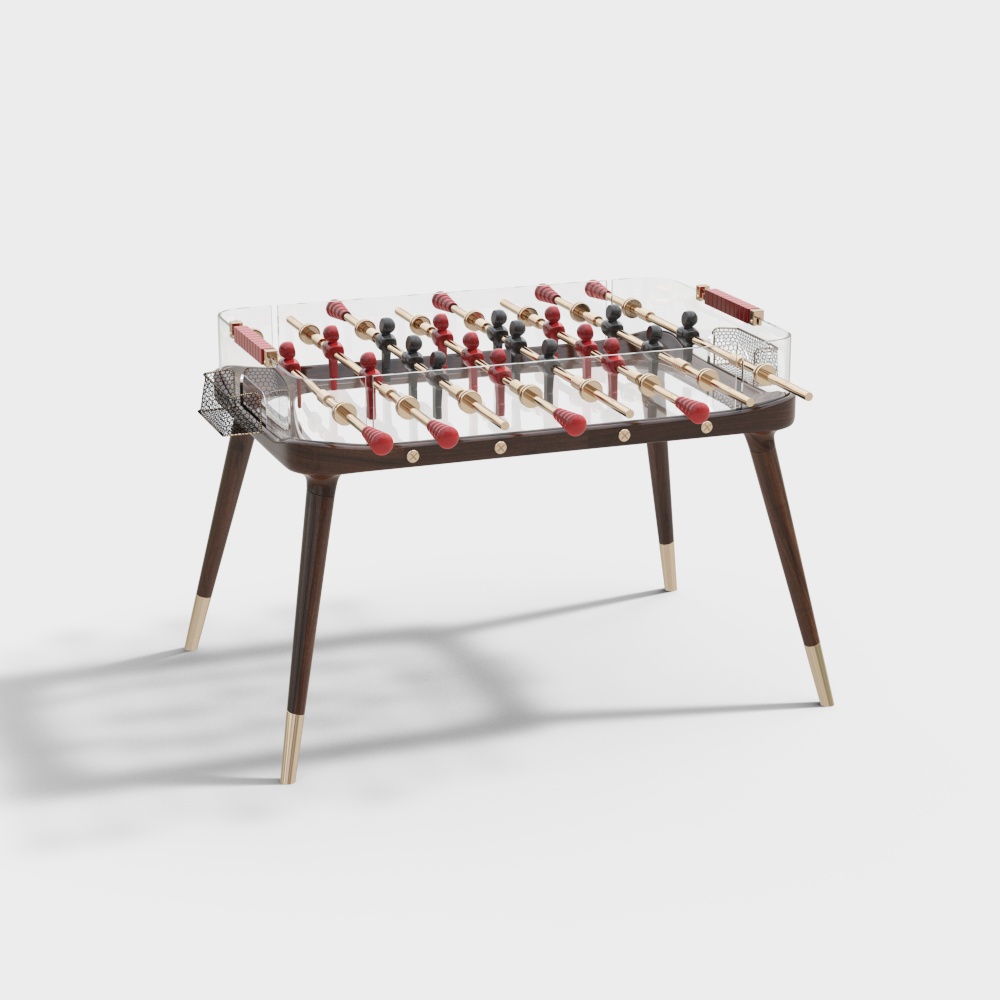 Modern foosball table with clear acrylic top and dark wood legs on white background