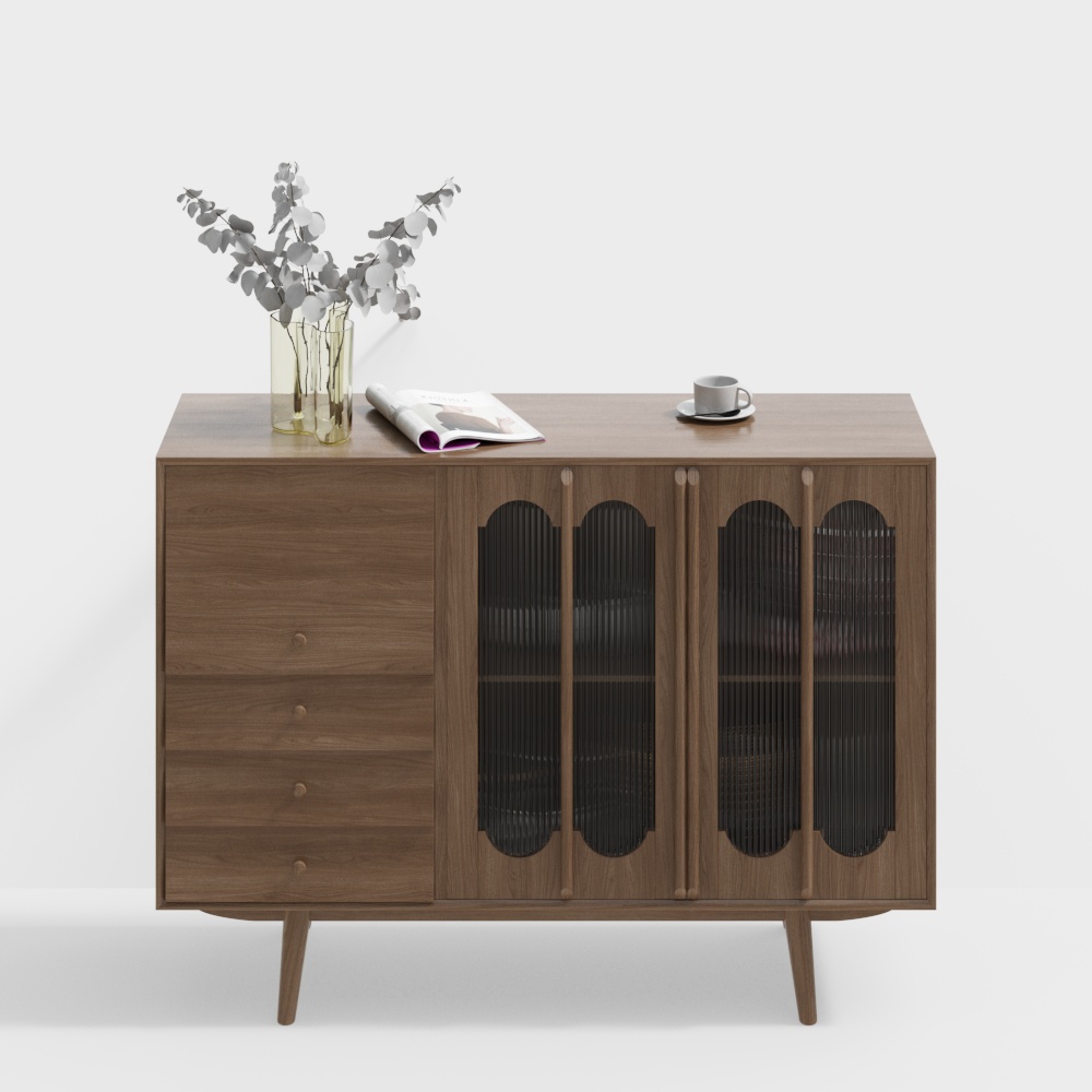 Elegant Vintage Storage Cabinet 3D Model – Wood & Glass Design