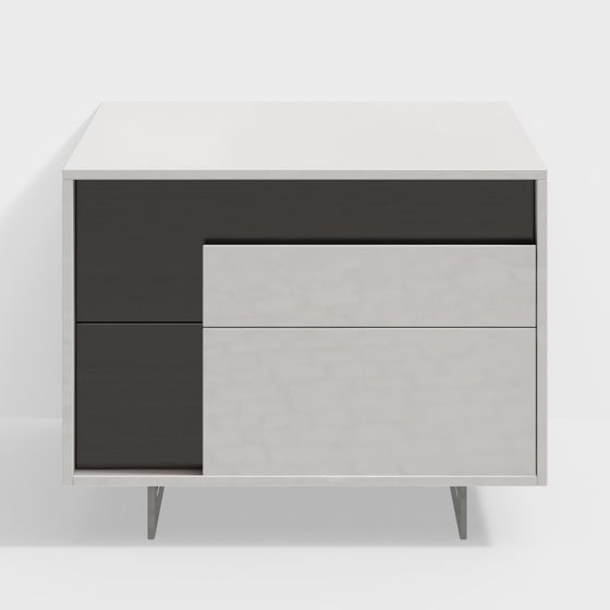 Modern two tone cabinet with dark brown and white drawers on silver legs on white background