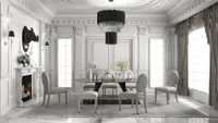 Formal white dining room featuring grey chairs round table black ceiling light fireplace and curtains