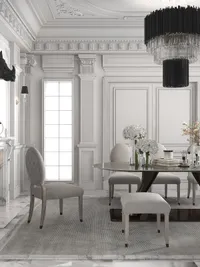 Classical white dining room featuring round table, grey chairs, black ceiling light, and wall panel