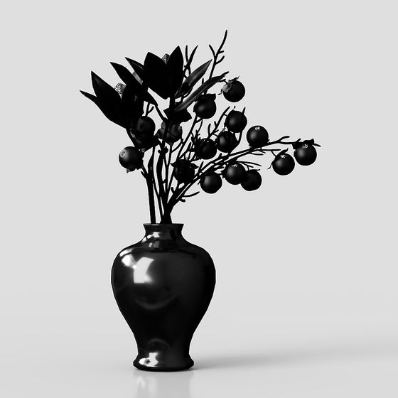 Glossy black ceramic vase with fruit branches and leaves on grey background