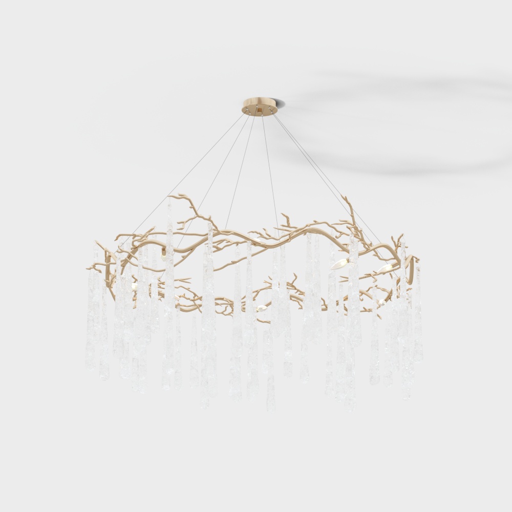 Winter Branches Chandelier 3D Model – Gold & Crystal Design