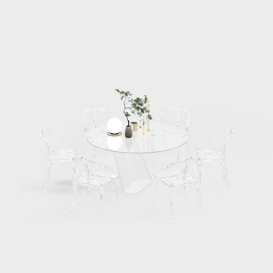 Elegant Glass Dining Table with Chairs 3D model