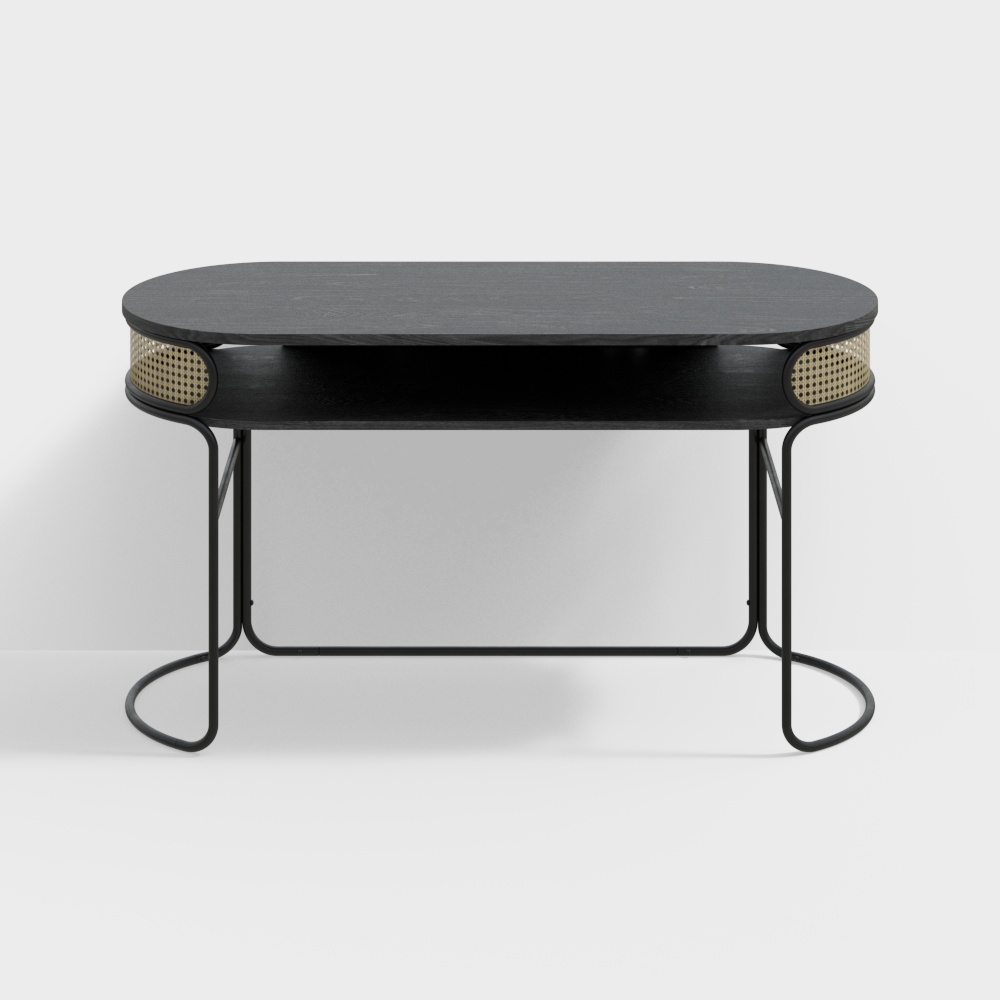 Modern black oval coffee table with rattan sides and curved metal legs on white background