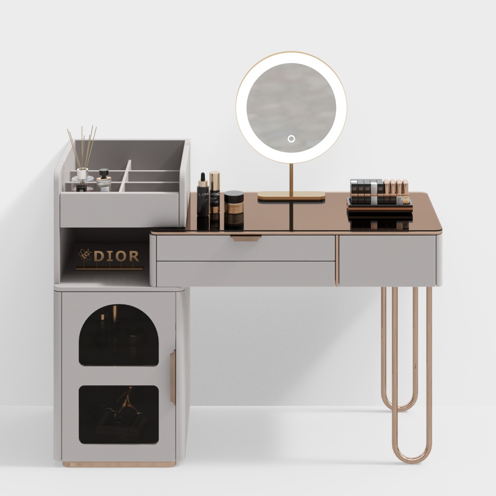 Elegant Makeup Vanity 3D Model – Minimalist Gray and Gold