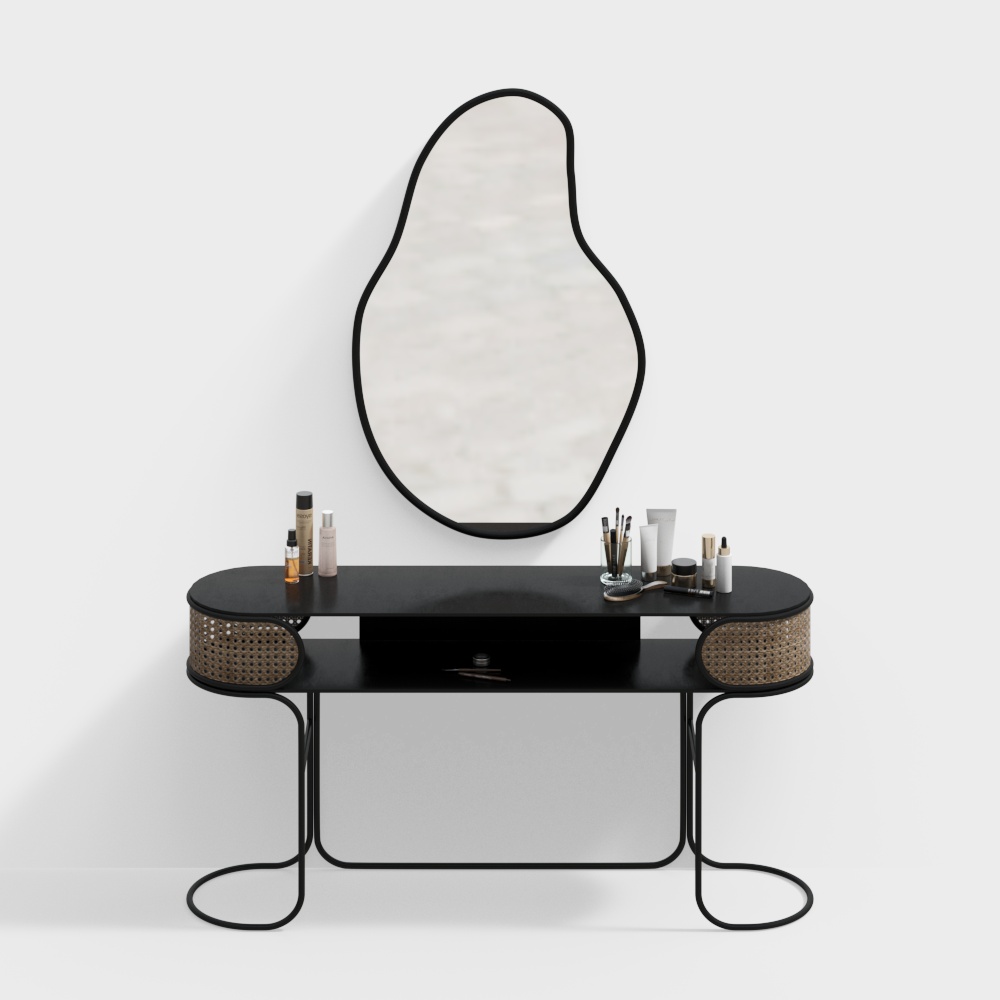 Black console table with rattan sides and curved metal legs on white background