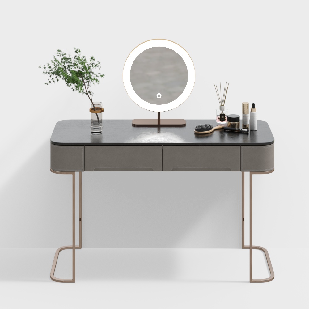 Modern grey vanity desk with black top and gold legs on white background