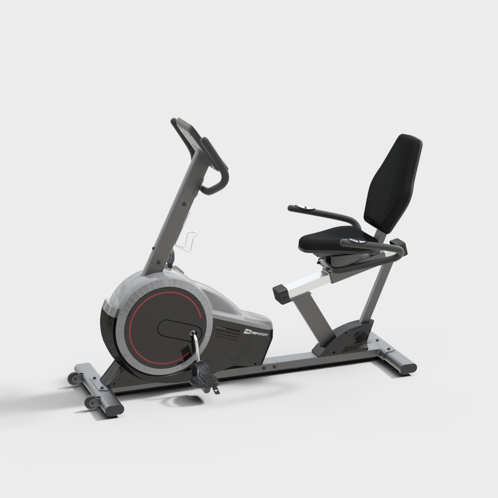 Grey recumbent exercise bike with black padded seat and red ring on white background