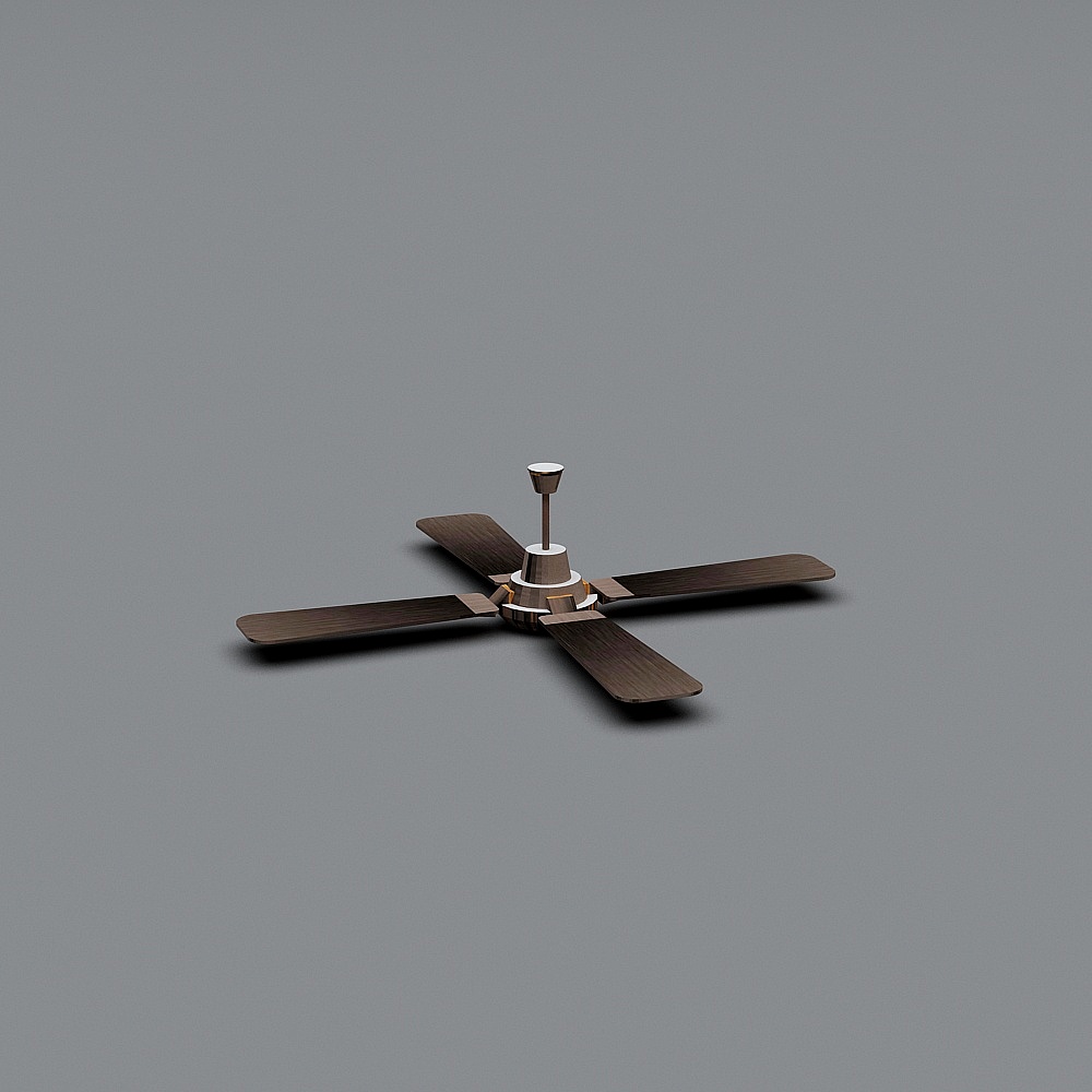Modern dark brown wood ceiling fan with silver metal base on grey background