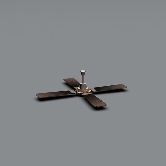 Modern dark brown wood ceiling fan with silver metal base on grey background