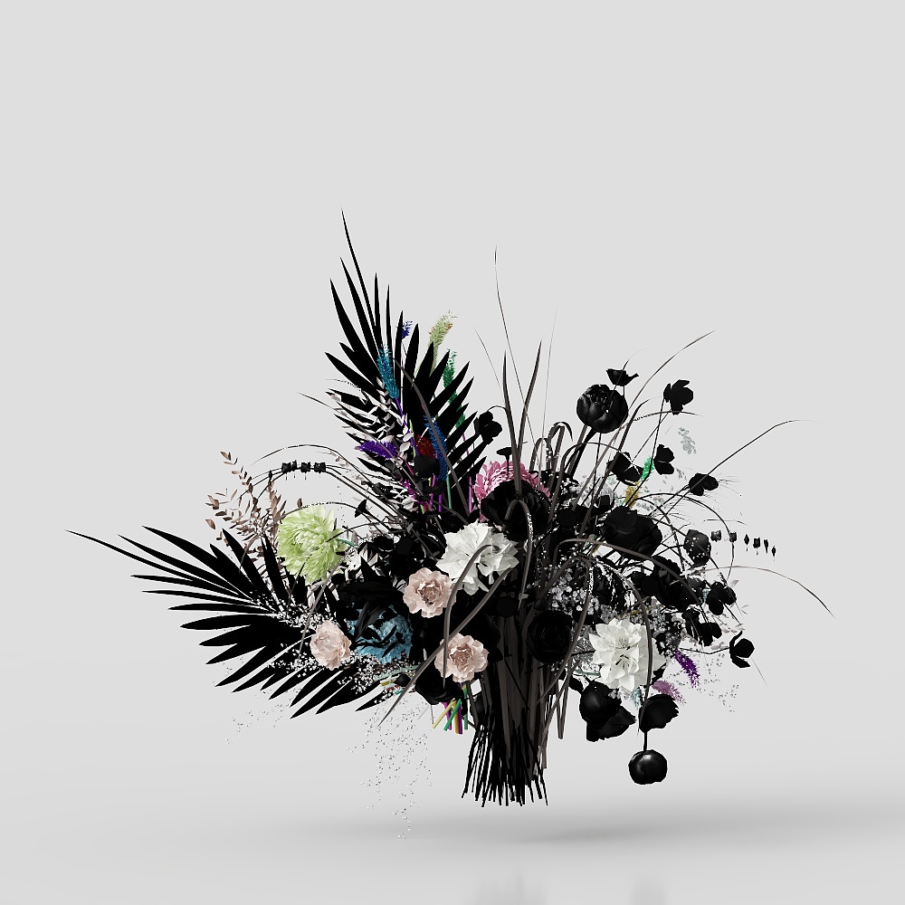 Large floral arrangement with black leaves and white flowers on grey background