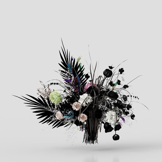 Large floral arrangement with black leaves and white flowers on grey background