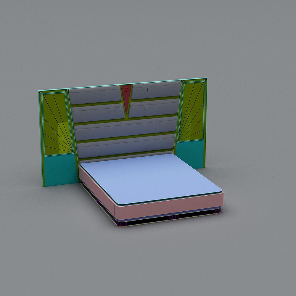 Modern bed with colorful geometric headboard and pink frame on grey background