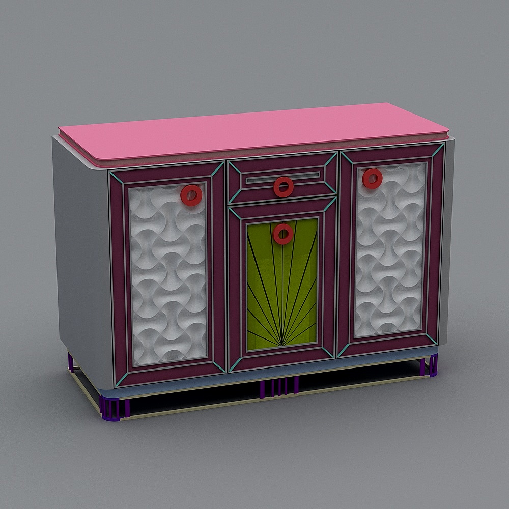 Modern purple cabinet with pink top and white textured doors on grey background
