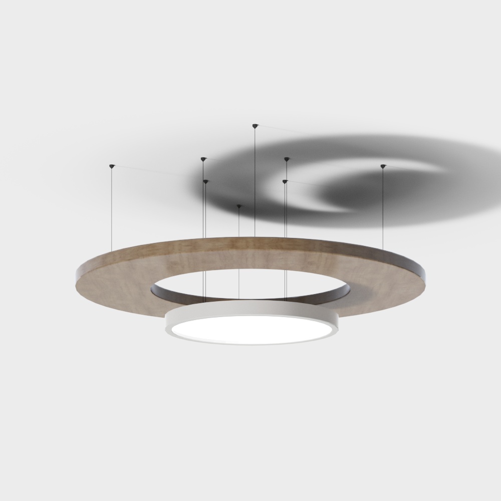 Modern round ceiling light with wood ring and white panel on grey background