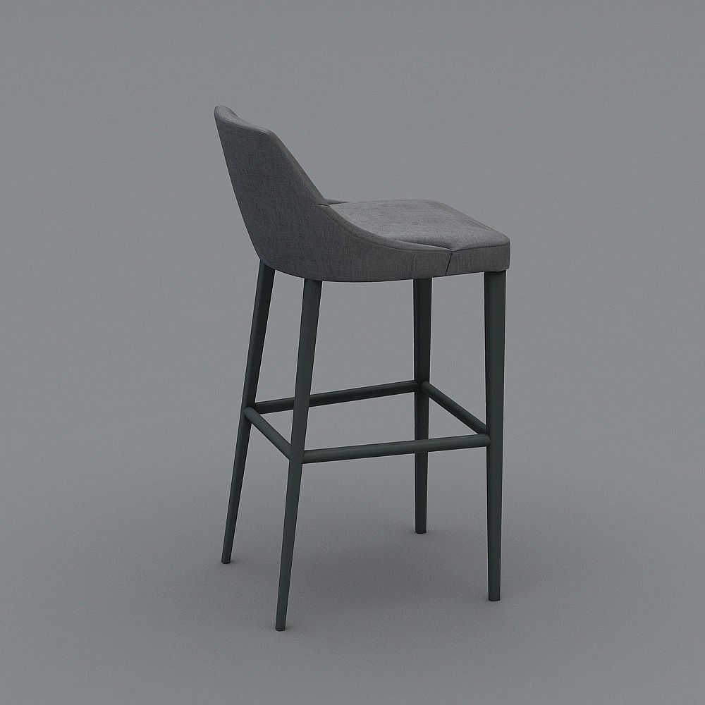 Modern grey fabric bar stool with black metal legs and footrest on grey background