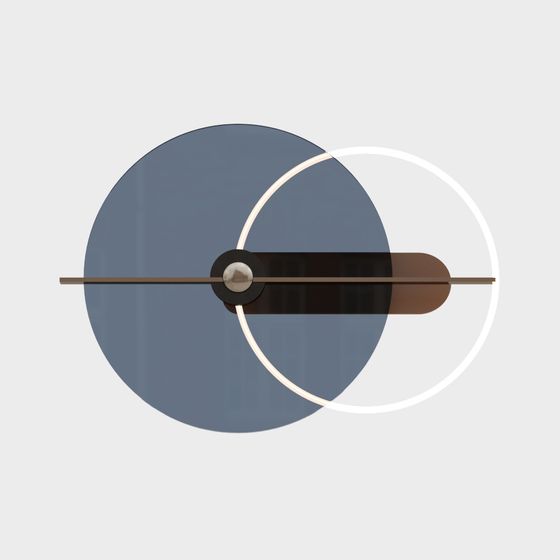Modern round wall light with blue glass and metal bar on grey background