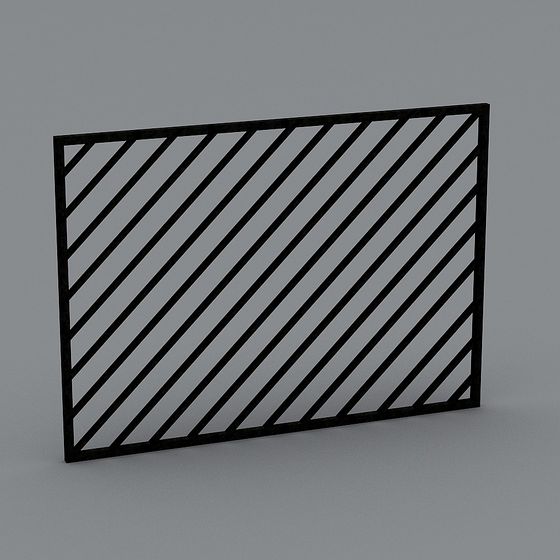 Black metal wall panel with diagonal slats in modern style on grey background