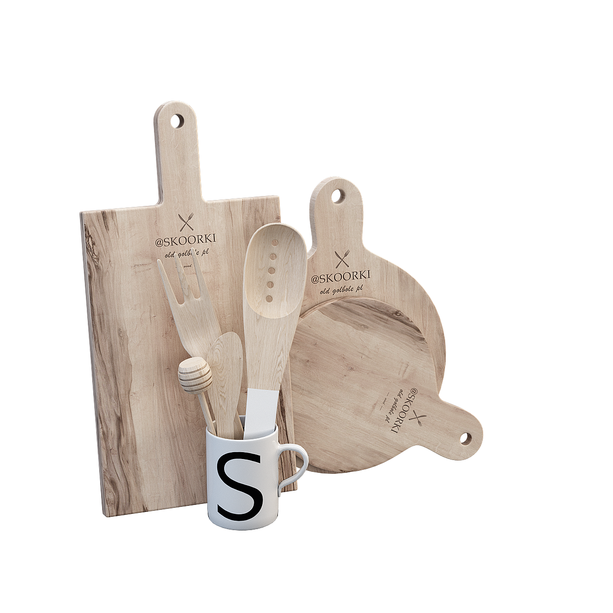 Wooden Kitchenware Set 3D Model – Rustic Kitchen Utensils