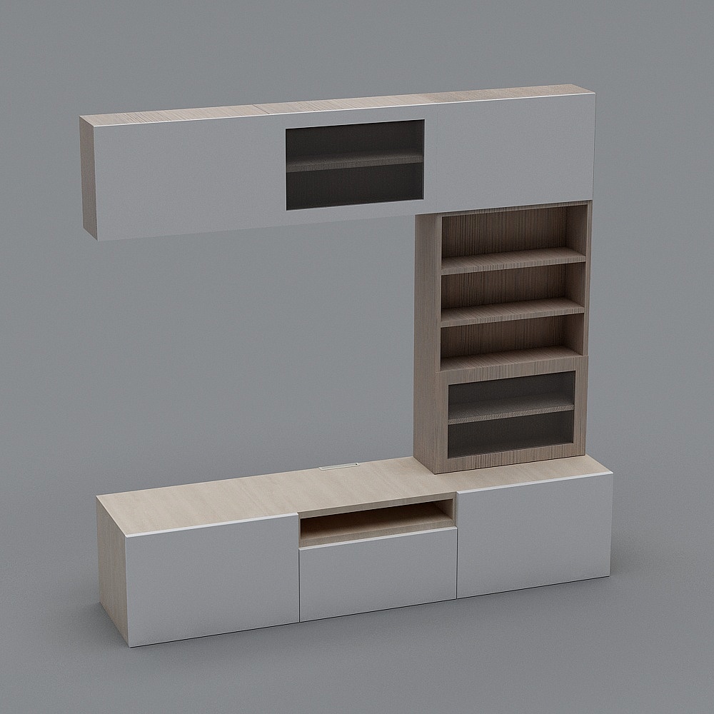 Modern white and wood wall unit with shelves and cabinets on grey background