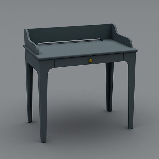 Dark grey wooden desk with gold knob and back panel on grey background