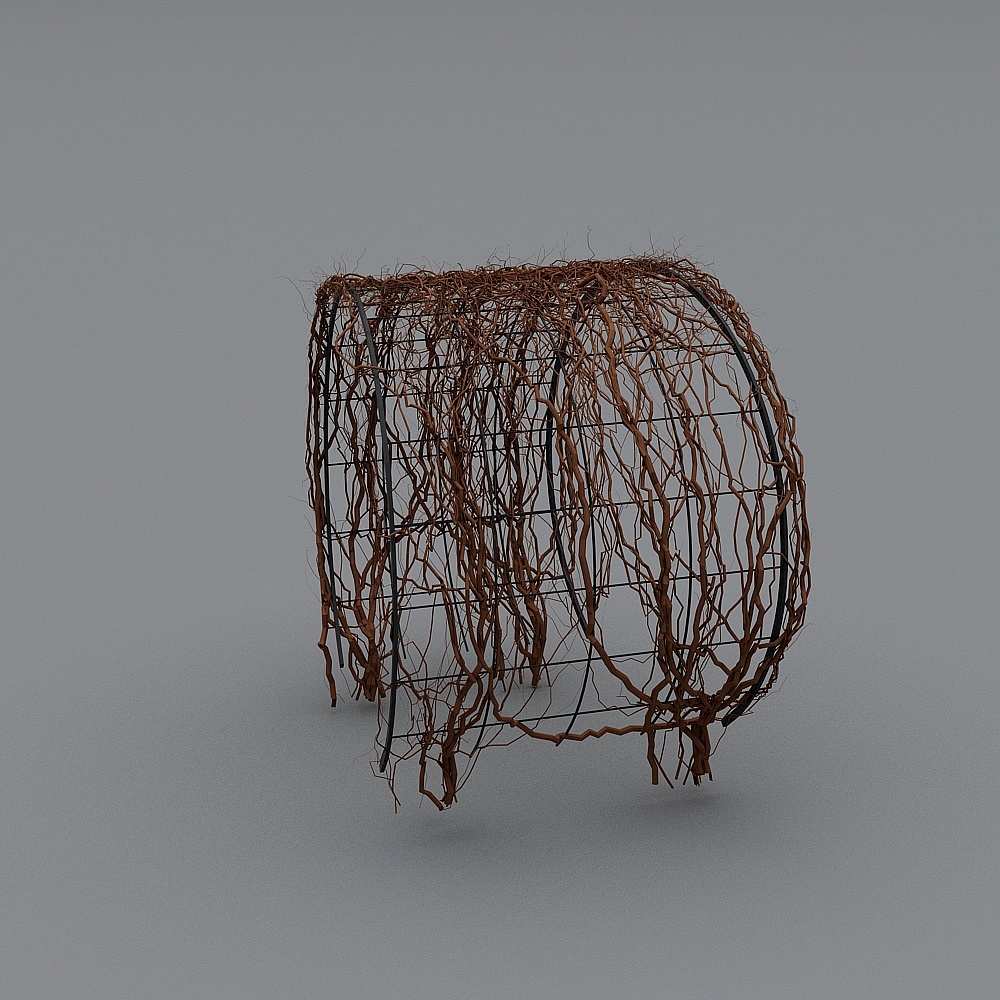 Rustic curved garden trellis with brown vines on black metal frame on grey background