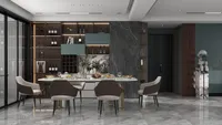 Modern dining room with marble floor, white table, six chairs, large wine cabinet, and window