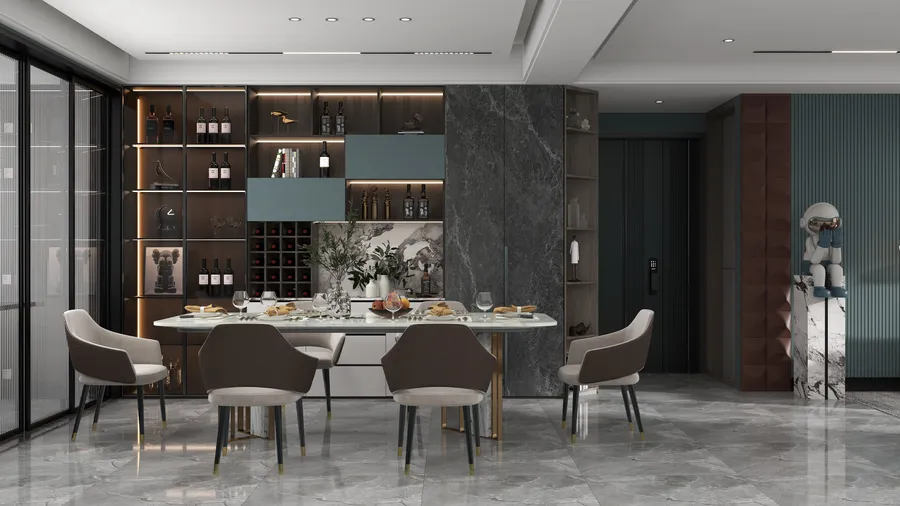 Modern dining room with marble floor, white table, six chairs, large wine cabinet, and window