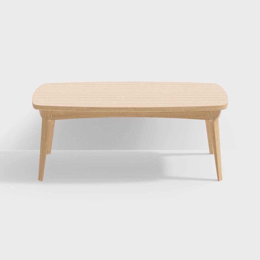 Modern light wood coffee table with rounded corners and tapered legs on white background
