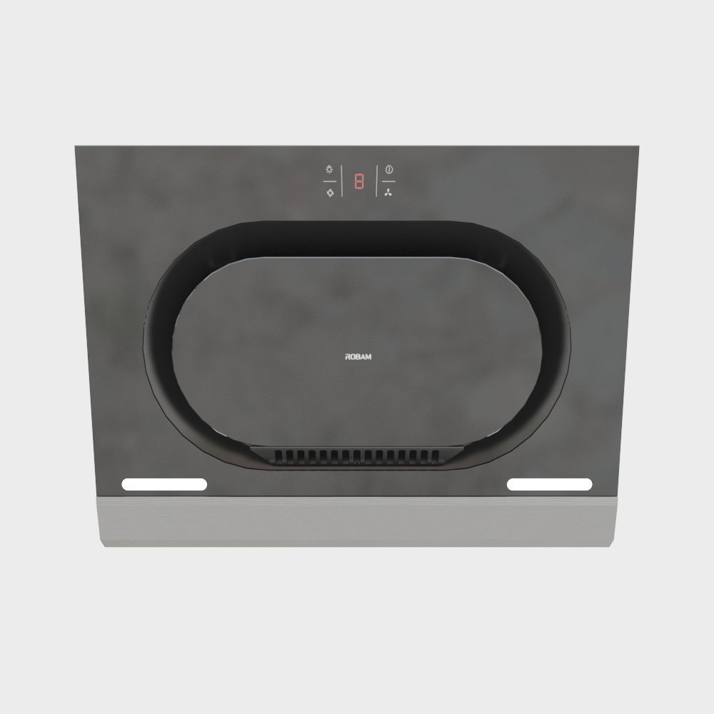 Modern black glass kitchen hood with silver base and digital display on white background