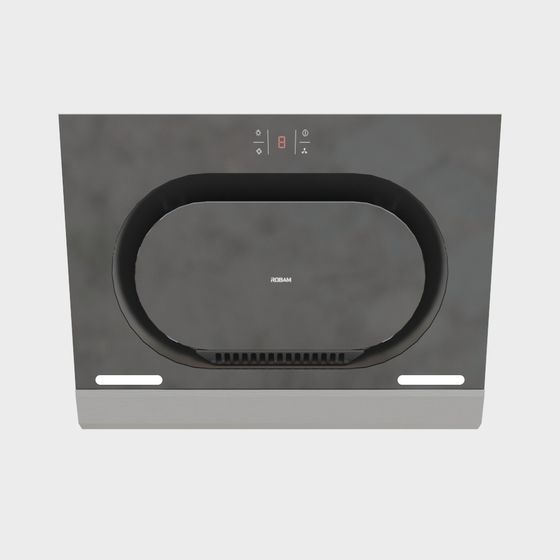 Modern black glass kitchen hood with silver base and digital display on white background